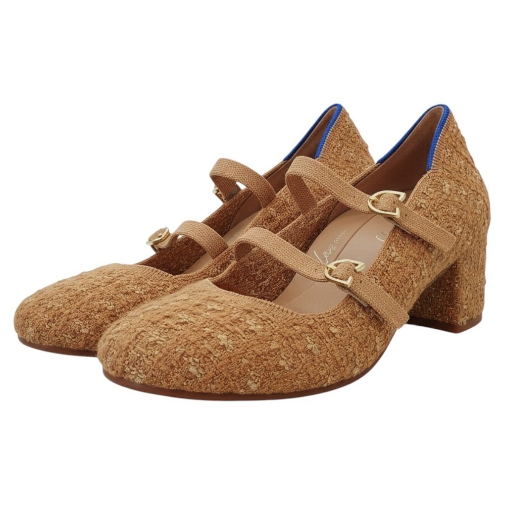 Rothys The Mary Jane Double Buckle Block Heel Camel Tweed Gold Metallic Shoes 6